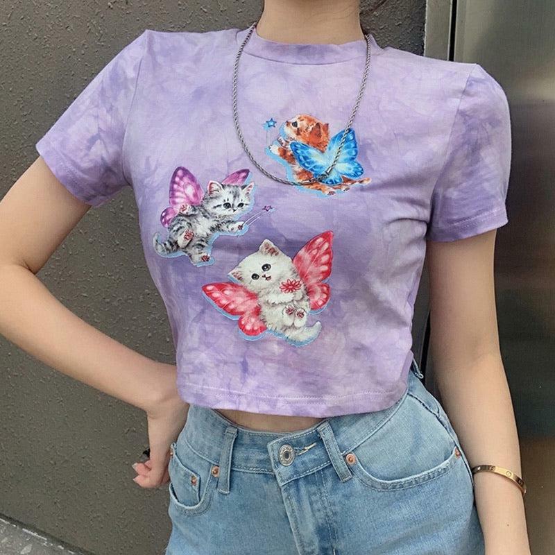 Purple Cat Crop Top - Y2K Summer, 90s Grunge, Retro Style, Y2K Party & Club Outfits
