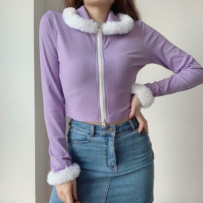 Purple Fur Crop Top - Y2K Summer, 90s Grunge, Retro Style, Y2K Party, Y2K Popstar,