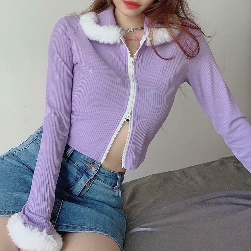 Purple Fur Crop Top - Y2K Summer, 90s Grunge, Retro Style, Y2K Party, Y2K Popstar,
