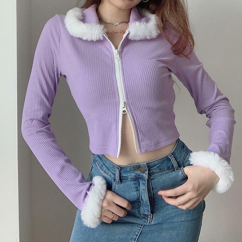 Purple Fur Crop Top - Y2K Summer, 90s Grunge, Retro Style, Y2K Party, Y2K Popstar,