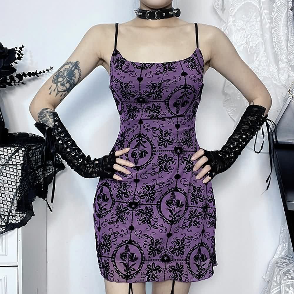 Purple Gothic Cami Mini Dress - Y2K Summer Grunge Outfit, 90s Fashion, Retro Style