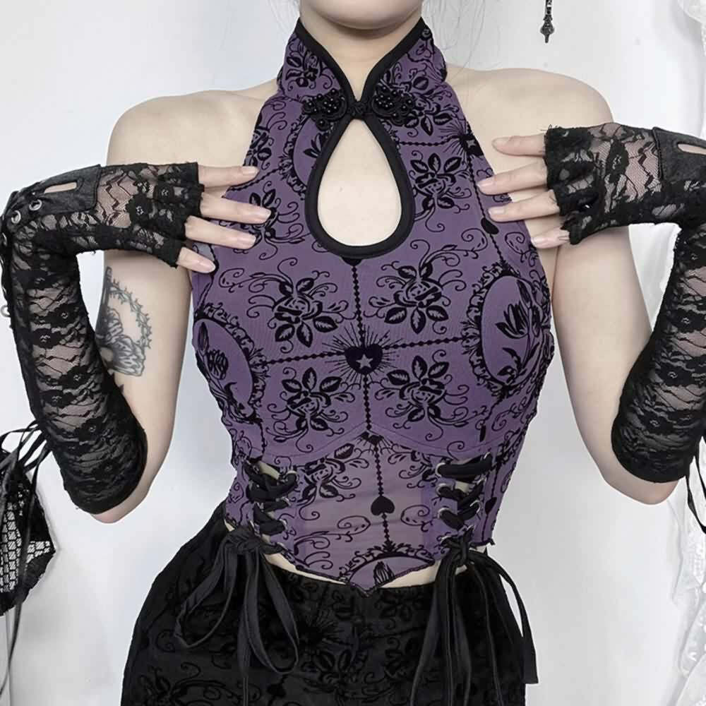Purple Gothic Halter Crop Top - Y2K Grunge, 90s Fashion, Retro Summer Outfit, Y2K Party Look