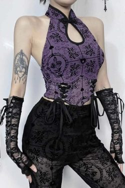 Purple Gothic Halter Crop Top - Y2K Grunge, 90s Fashion, Retro Summer Outfit, Y2K Party Look
