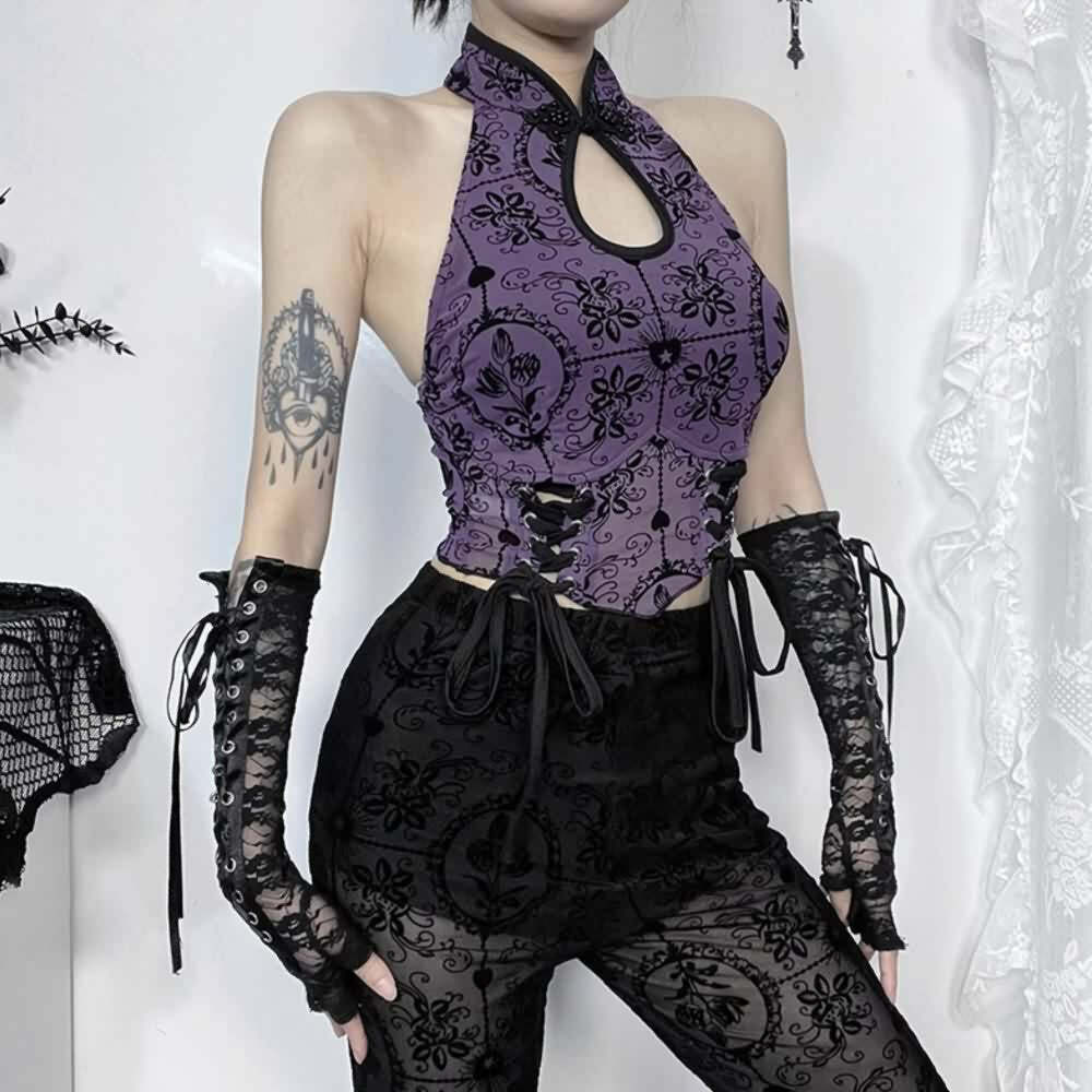 Purple Gothic Halter Crop Top - Y2K Grunge, 90s Fashion, Retro Summer Outfit, Y2K Party Look