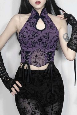 Purple Gothic Halter Crop Top - Y2K Grunge, 90s Fashion, Retro Summer Outfit, Y2K Party Look