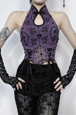 Purple Gothic Halter Crop Top - Y2K Grunge, 90s Fashion, Retro Summer Outfit, Y2K Party Look
