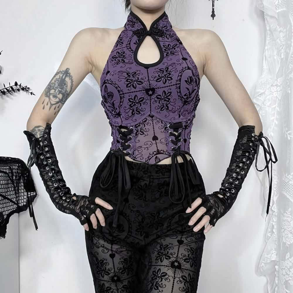 Purple Gothic Halter Crop Top - Y2K Grunge, 90s Fashion, Retro Summer Outfit, Y2K Party Look