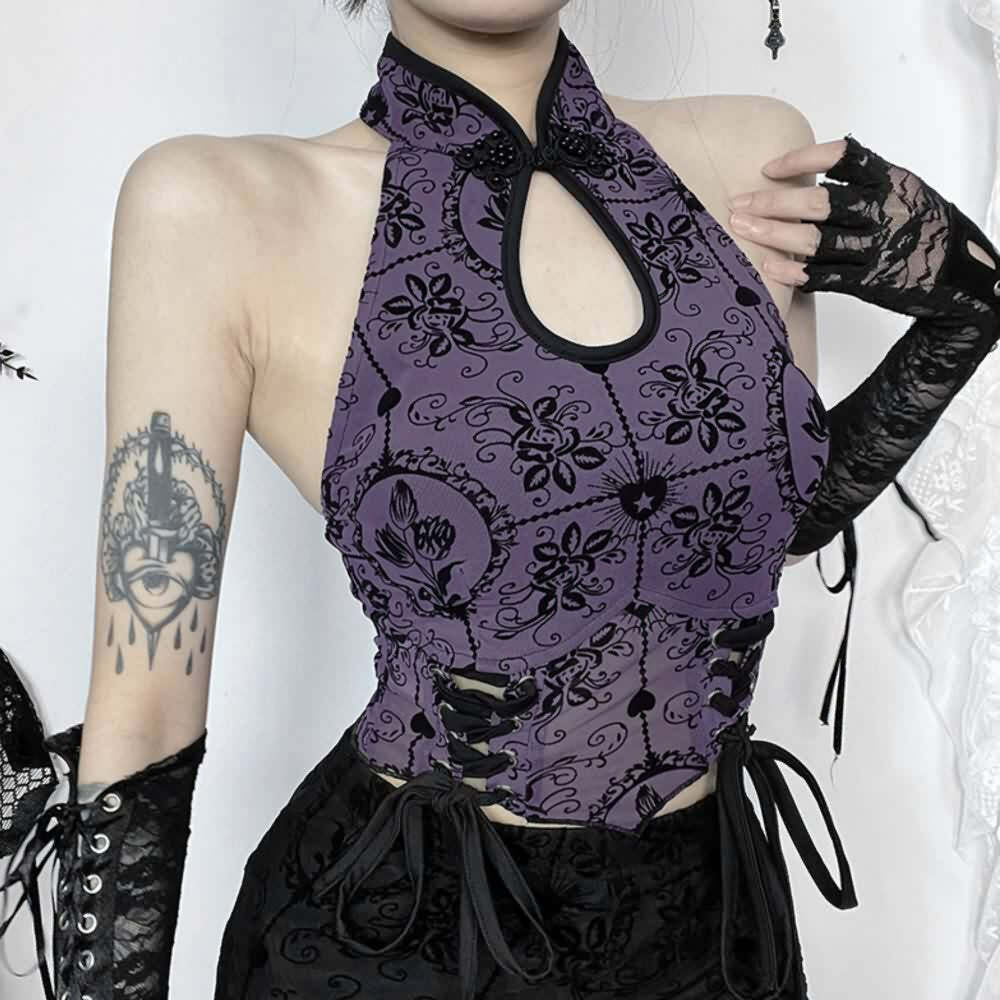 Purple Gothic Halter Crop Top - Y2K Grunge, 90s Fashion, Retro Summer Outfit, Y2K Party Look