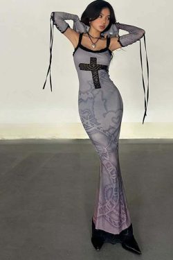 Purple Gothic Lace Maxi Dress with Arm Sleeves - Y2K Grunge Summer Outfit