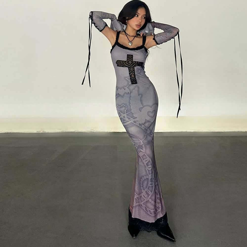Purple Gothic Lace Maxi Dress with Arm Sleeves - Y2K Grunge Summer Outfit