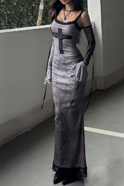 Purple Gothic Lace Maxi Dress with Arm Sleeves - Y2K Grunge Summer Outfit