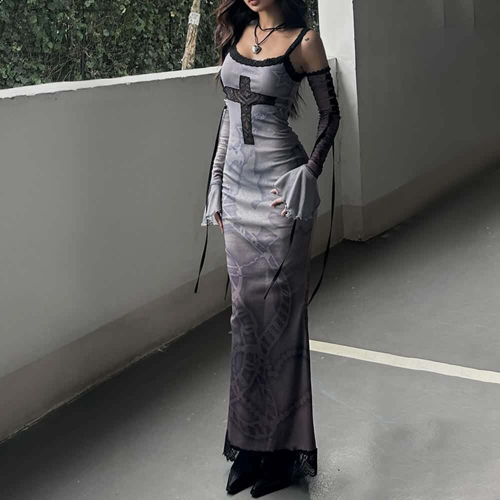 Purple Gothic Lace Maxi Dress with Arm Sleeves - Y2K Grunge Summer Outfit