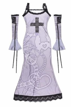 Purple Gothic Lace Maxi Dress with Arm Sleeves - Y2K Grunge Summer Outfit