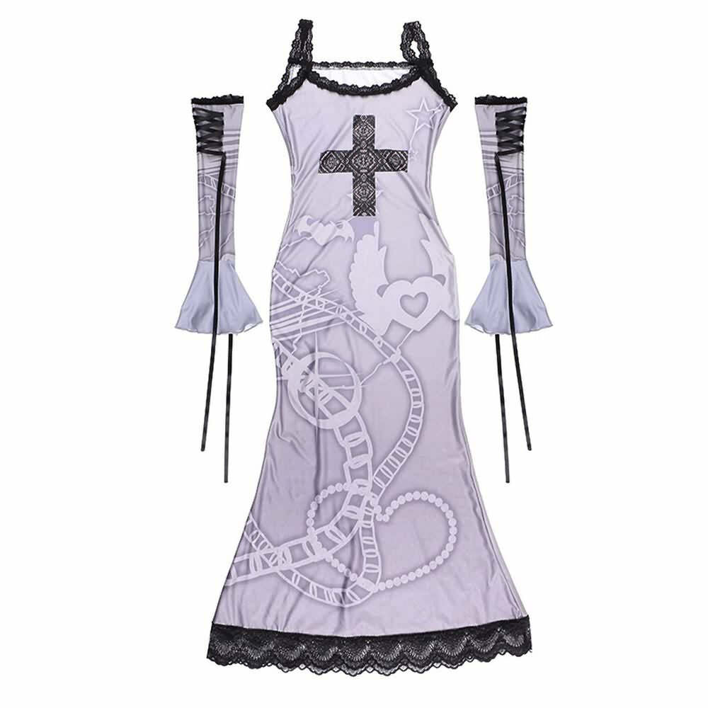 Purple Gothic Lace Maxi Dress with Arm Sleeves - Y2K Grunge Summer Outfit