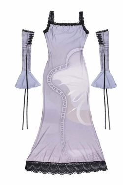Purple Gothic Lace Maxi Dress with Arm Sleeves - Y2K Grunge Summer Outfit