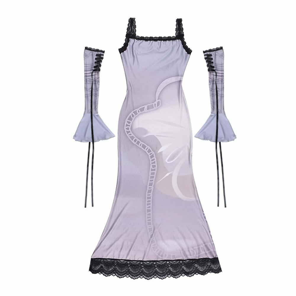 Purple Gothic Lace Maxi Dress with Arm Sleeves - Y2K Grunge Summer Outfit