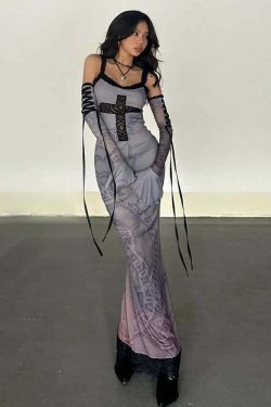 Purple Gothic Lace Maxi Dress with Arm Sleeves - Y2K Grunge Summer Outfit