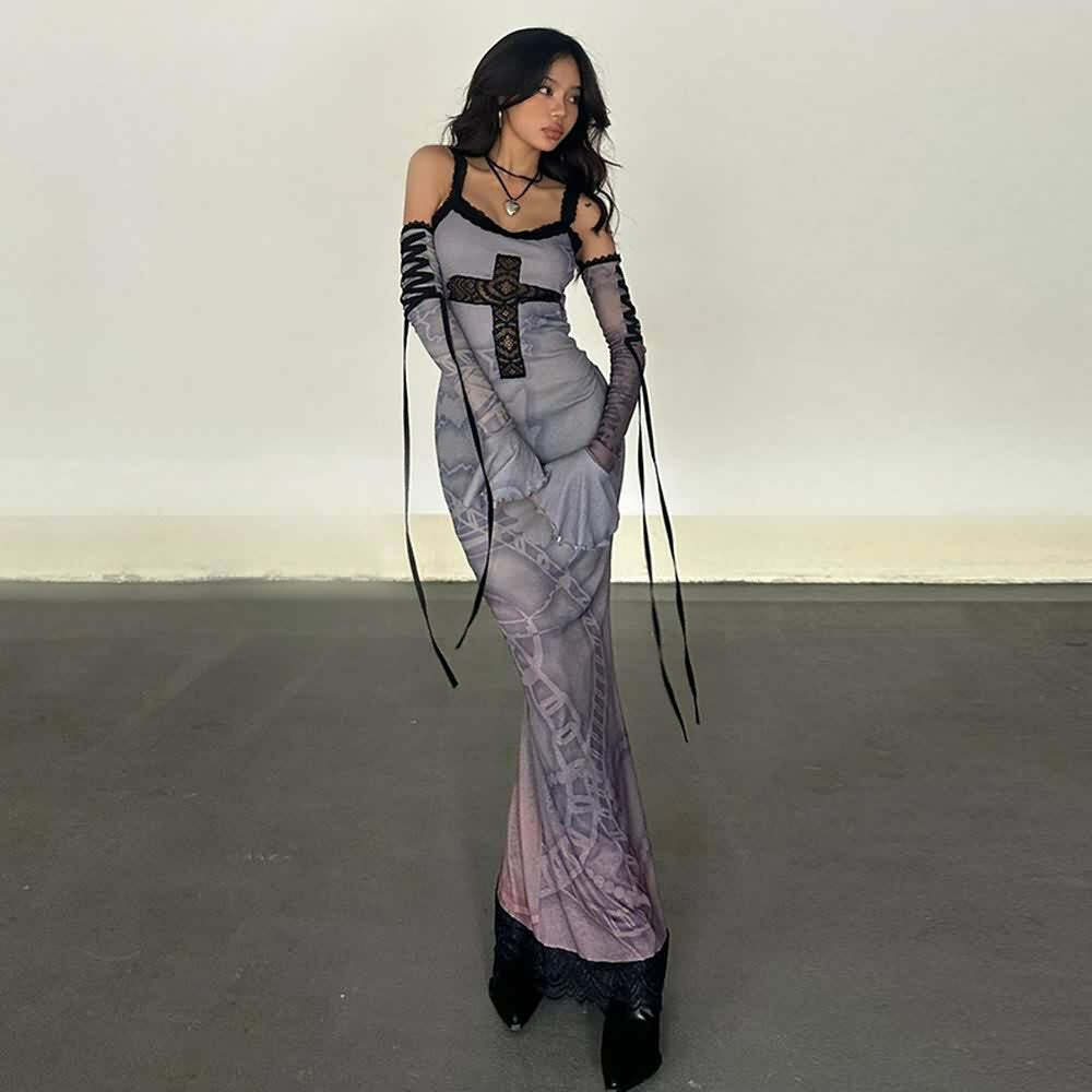 Purple Gothic Lace Maxi Dress with Arm Sleeves - Y2K Grunge Summer Outfit
