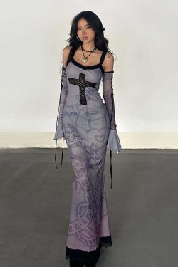 Purple Gothic Lace Maxi Dress with Arm Sleeves - Y2K Grunge Summer Outfit
