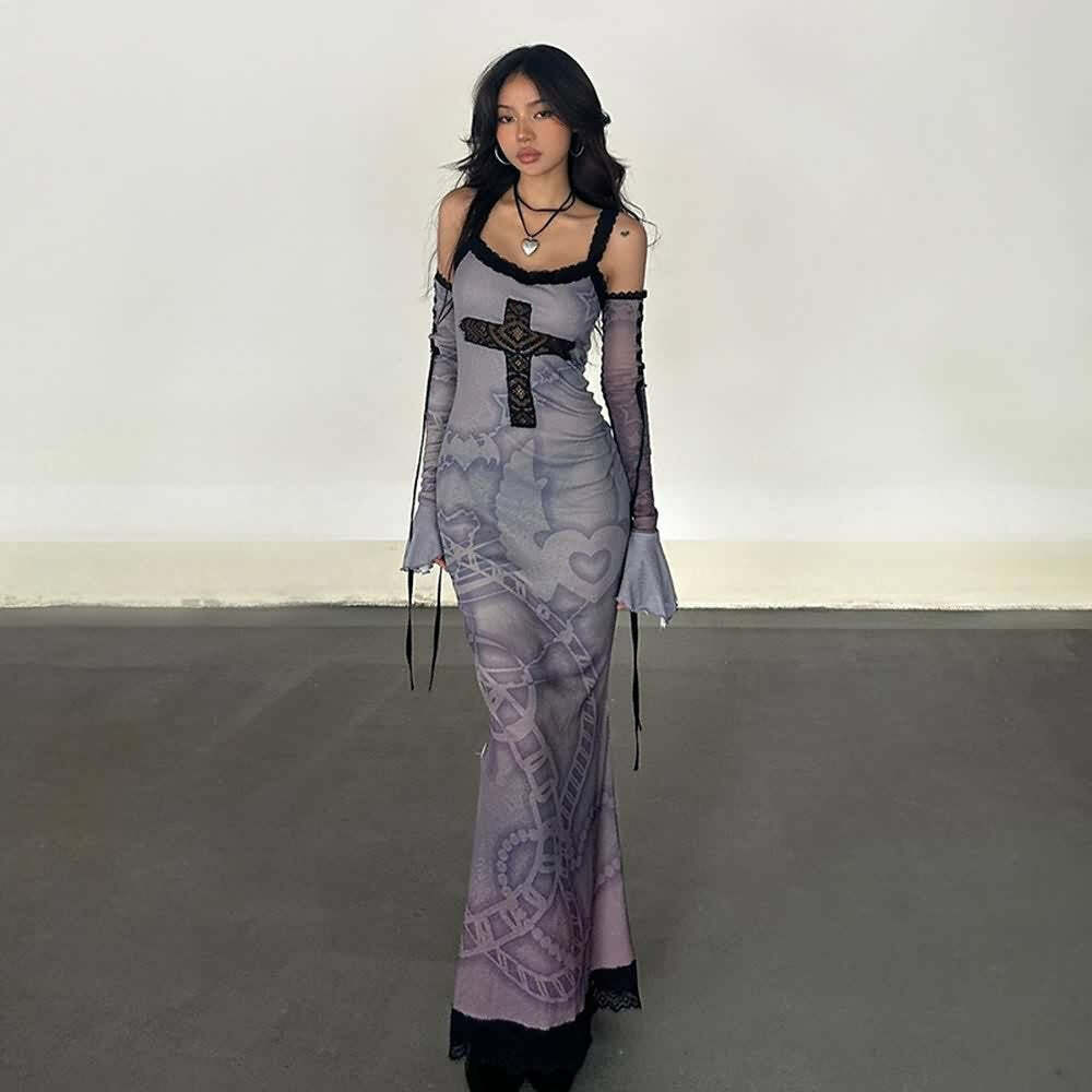 Purple Gothic Lace Maxi Dress with Arm Sleeves - Y2K Grunge Summer Outfit
