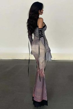 Purple Gothic Lace Maxi Dress with Arm Sleeves - Y2K Grunge Summer Outfit