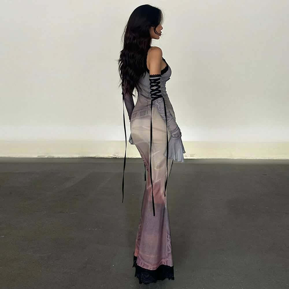 Purple Gothic Lace Maxi Dress with Arm Sleeves - Y2K Grunge Summer Outfit