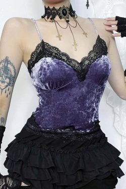 Purple Gothic Lace Trim Velvet Cami Top - Y2K Grunge, 90s Fashion, Retro Summer Outfit