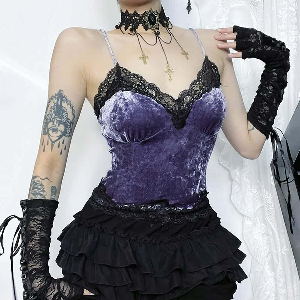 Purple Gothic Lace Trim Velvet Cami Top - Y2K Grunge, 90s Fashion, Retro Summer Outfit