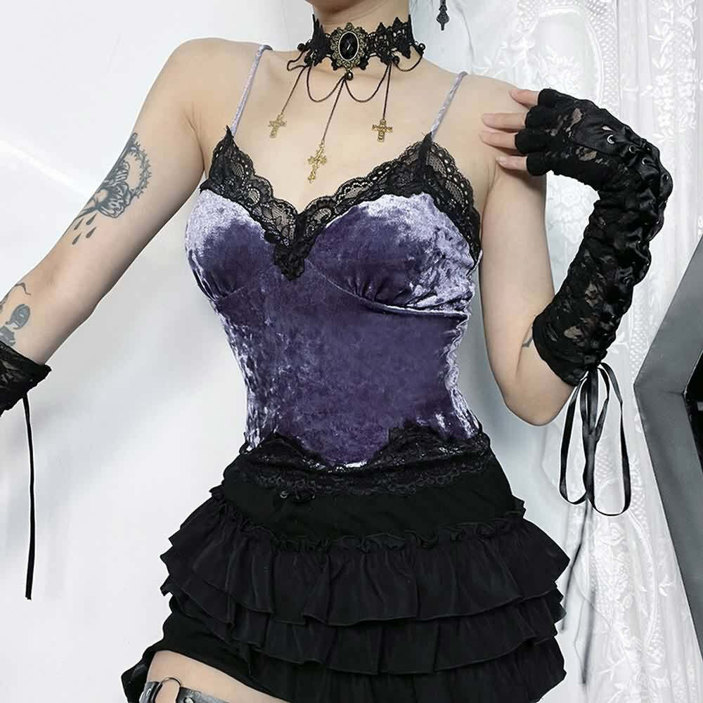 Purple Gothic Lace Trim Velvet Cami Top - Y2K Grunge, 90s Fashion, Retro Summer Outfit