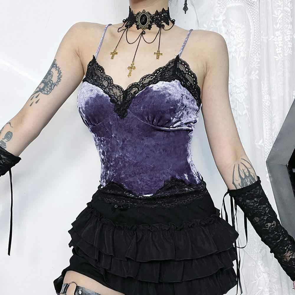 Purple Gothic Lace Trim Velvet Cami Top - Y2K Grunge, 90s Fashion, Retro Summer Outfit