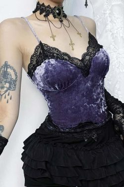 Purple Gothic Lace Trim Velvet Cami Top - Y2K Grunge, 90s Fashion, Retro Summer Outfit