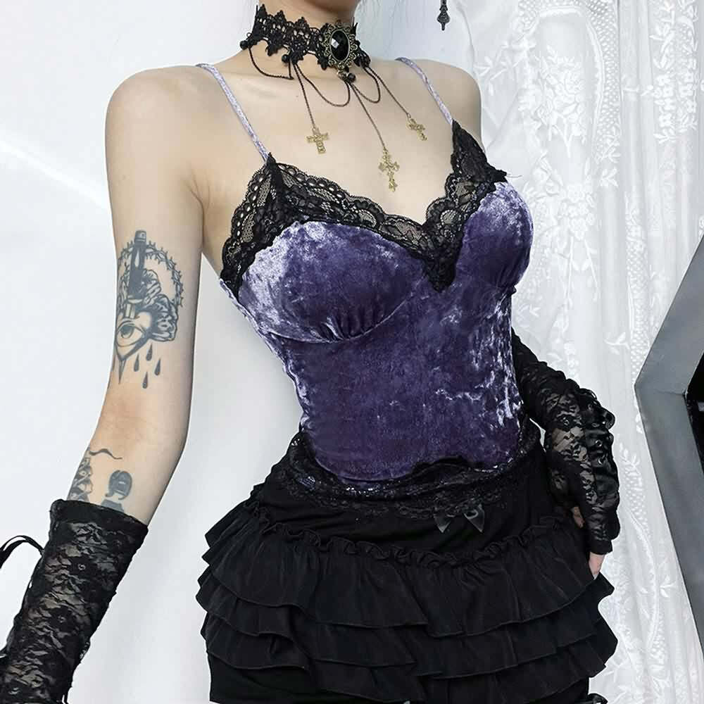 Purple Gothic Lace Trim Velvet Cami Top - Y2K Grunge, 90s Fashion, Retro Summer Outfit