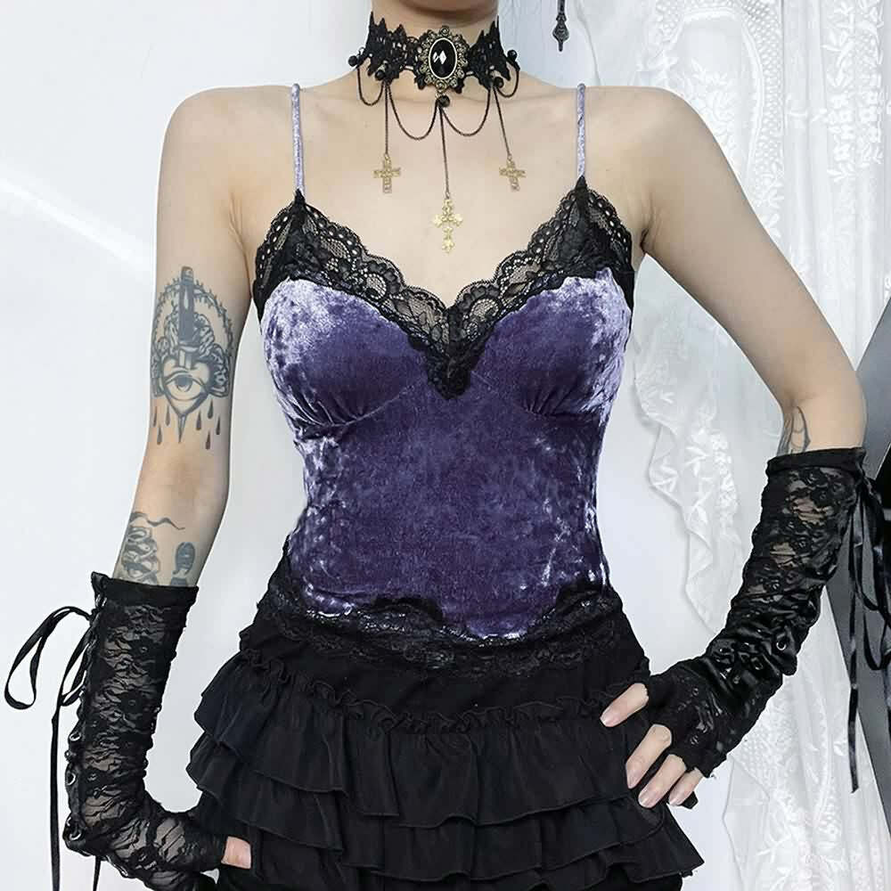 Purple Gothic Lace Trim Velvet Cami Top - Y2K Grunge, 90s Fashion, Retro Summer Outfit