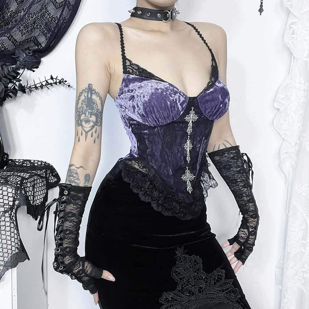 Purple Gothic Lace Velvet Bustier Top - Y2K Grunge, 90s Fashion, Retro Summer Party Outfit