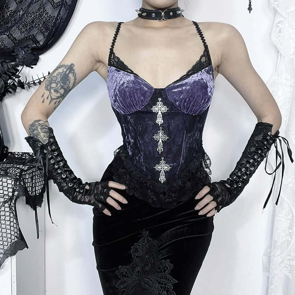 Purple Gothic Lace Velvet Bustier Top - Y2K Grunge, 90s Fashion, Retro Summer Party Outfit