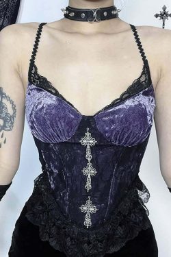 Purple Gothic Lace Velvet Bustier Top - Y2K Grunge, 90s Fashion, Retro Summer Party Outfit