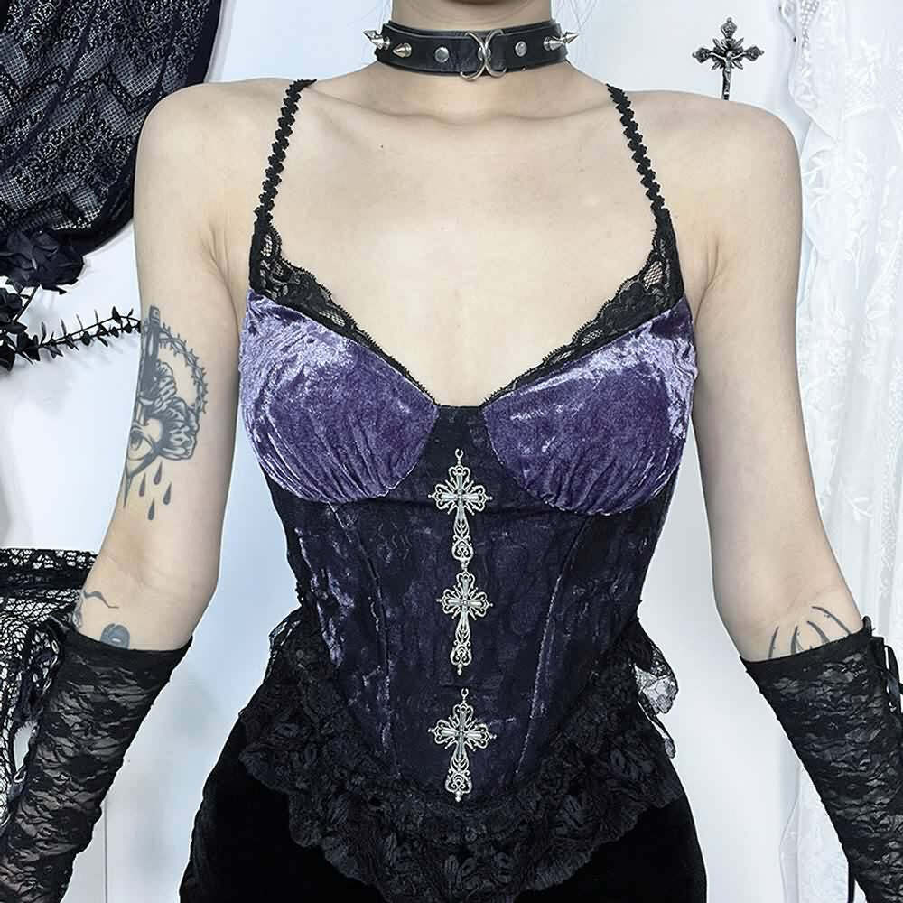 Purple Gothic Lace Velvet Bustier Top - Y2K Grunge, 90s Fashion, Retro Summer Party Outfit