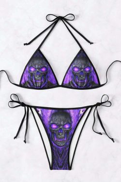 Purple Gothic Skull Halter String Bikini Set - Y2K Summer Grunge, 90s Retro, Pastel Goth Beachwear