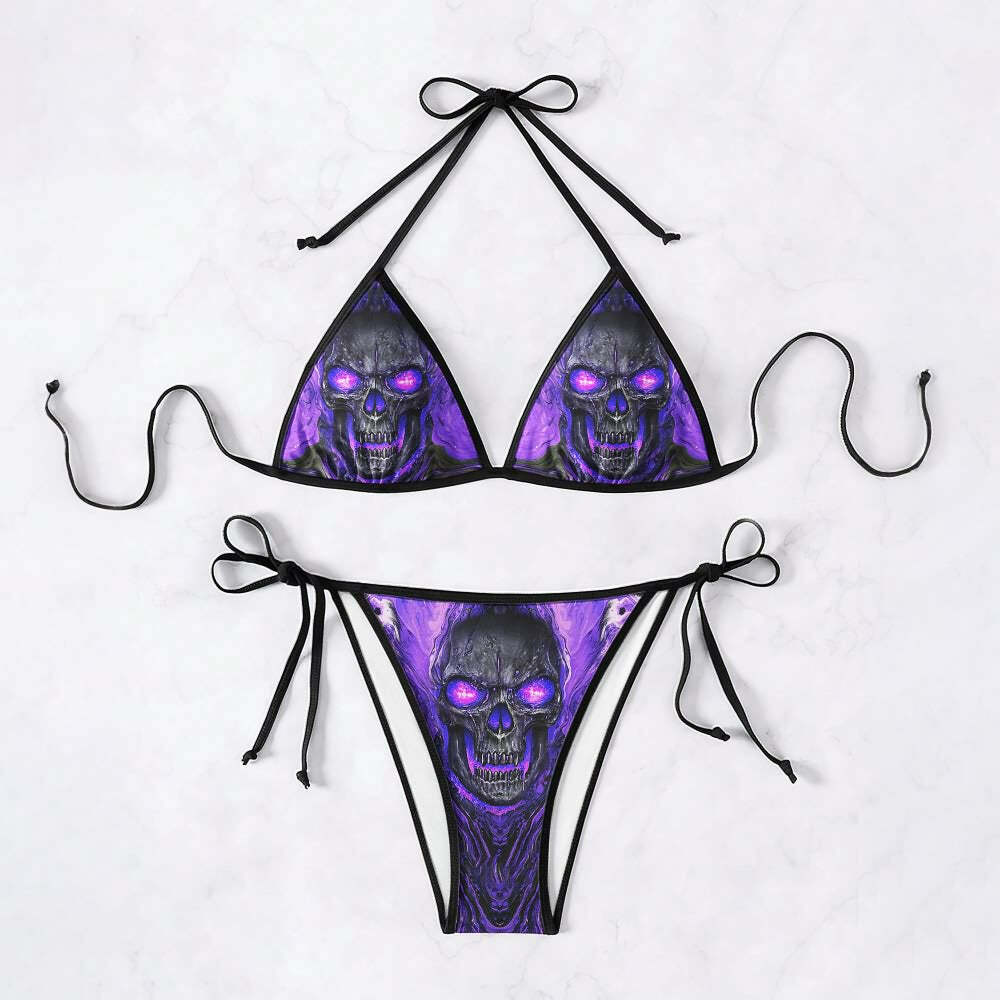 Purple Gothic Skull Halter String Bikini Set - Y2K Summer Grunge, 90s Retro, Pastel Goth Beachwear