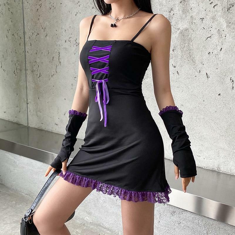 Purple Lace Mini Dress - Y2K Summer Outfit, 90s Fashion, Grunge, Retro Style, Y2K Party Look