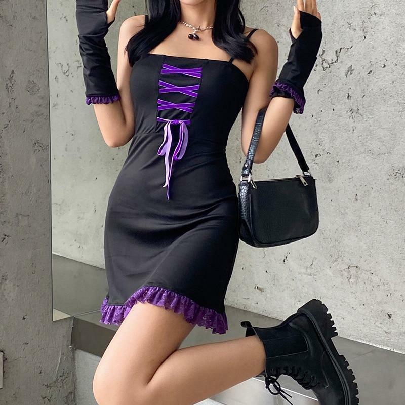 Purple Lace Mini Dress - Y2K Summer Outfit, 90s Fashion, Grunge, Retro Style, Y2K Party Look