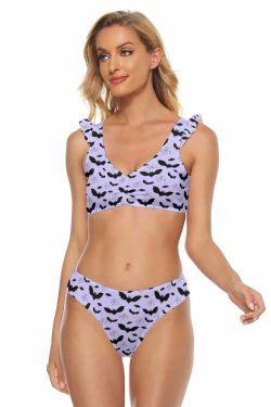 Purple Lilac Gothic Bat Ruffle Strap Bikini Set - Y2K Summer Grunge Retro 90s Fashion Outfit