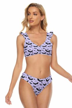 Purple Lilac Gothic Bat Ruffle Strap Bikini Set - Y2K Summer Grunge Retro 90s Fashion Outfit