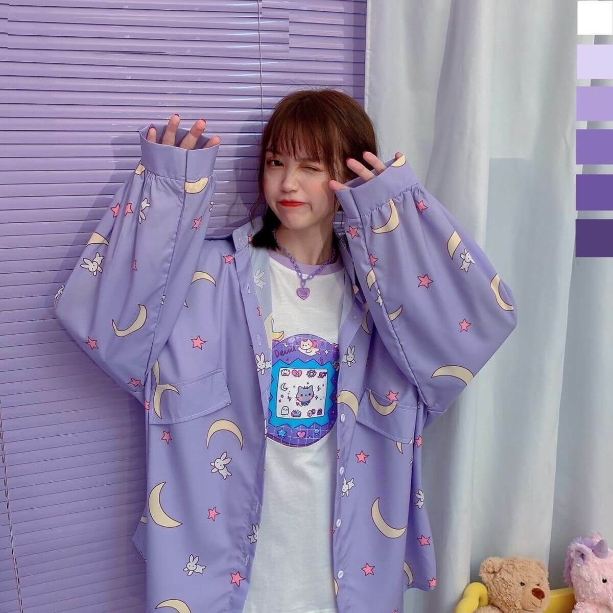 Purple Night Shirt - Y2K Summer Outfit, 90s Grunge Fashion, Retro Style, Y2K Club & Party Look