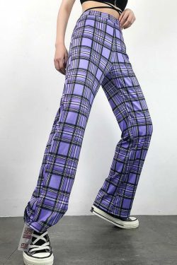 Purple Plaid Pants - Y2K Summer Grunge Outfit, 90s Fashion, Retro Style, Y2K Club & Party Look