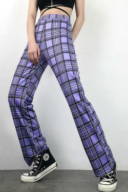 Purple Plaid Pants - Y2K Summer Grunge Outfit, 90s Fashion, Retro Style, Y2K Club & Party Look