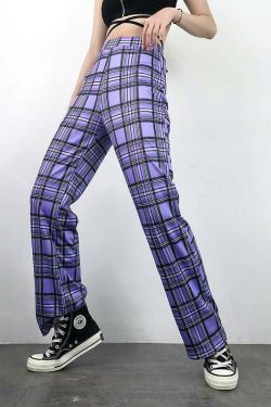 Purple Plaid Pants - Y2K Summer Grunge Outfit, 90s Fashion, Retro Style, Y2K Club & Party Look