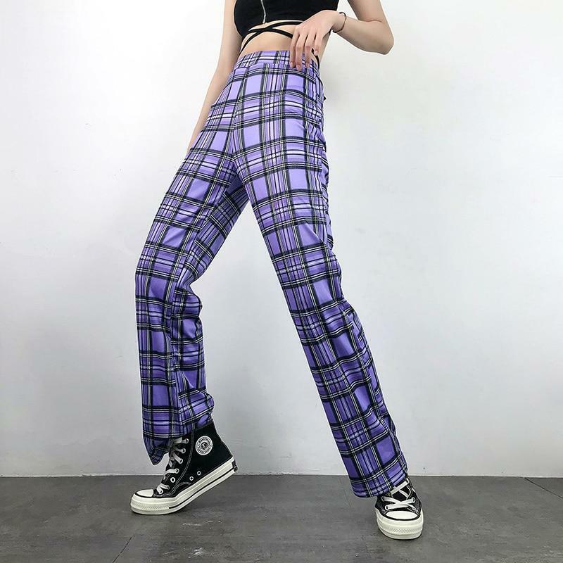 Purple Plaid Pants - Y2K Summer Grunge Outfit, 90s Fashion, Retro Style, Y2K Club & Party Look
