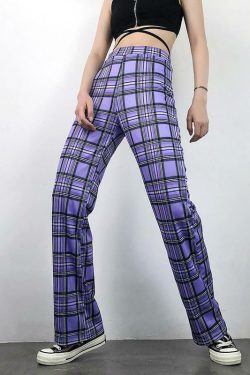 Purple Plaid Pants - Y2K Summer Grunge Outfit, 90s Fashion, Retro Style, Y2K Club & Party Look