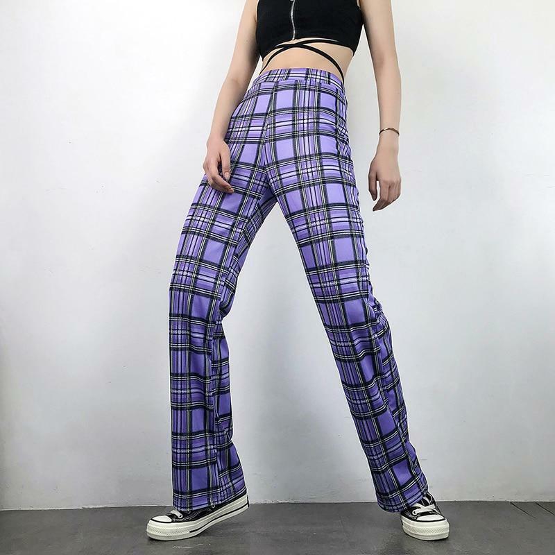 Purple Plaid Pants - Y2K Summer Grunge Outfit, 90s Fashion, Retro Style, Y2K Club & Party Look